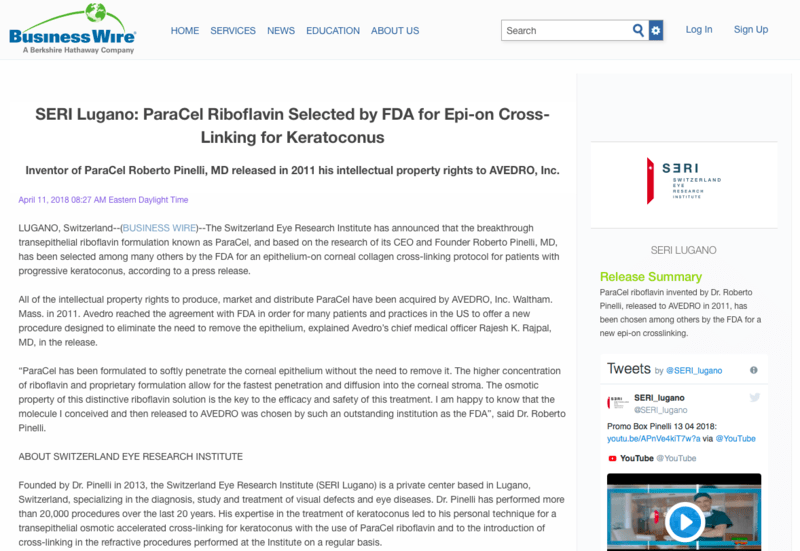 SERI Lugano: ParaCel Riboflavin Selected by FDA for Epi-on Cross-Linking for Keratoconus